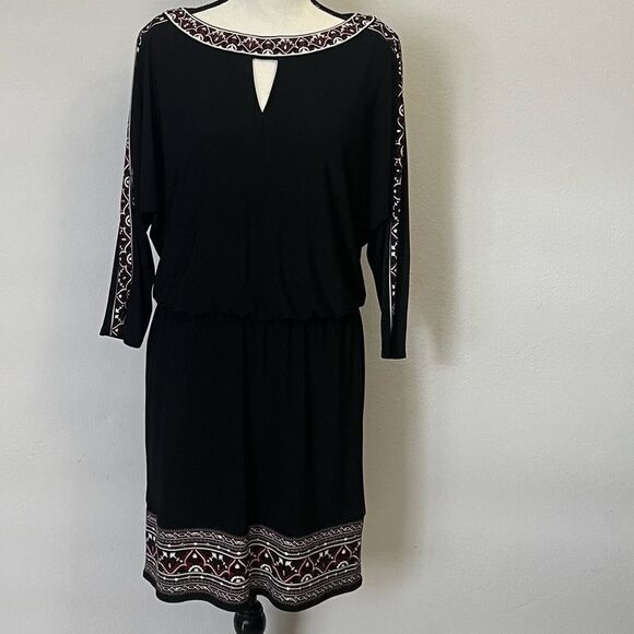 White House Black Market Embroidered Dress M Black Boho 3/4 Sleeve Cold Shoulder - Picture 2 of 6